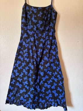 Morbid Threads Rockabilly Black Midi Dress with Blue Bows and Skulls, Size S